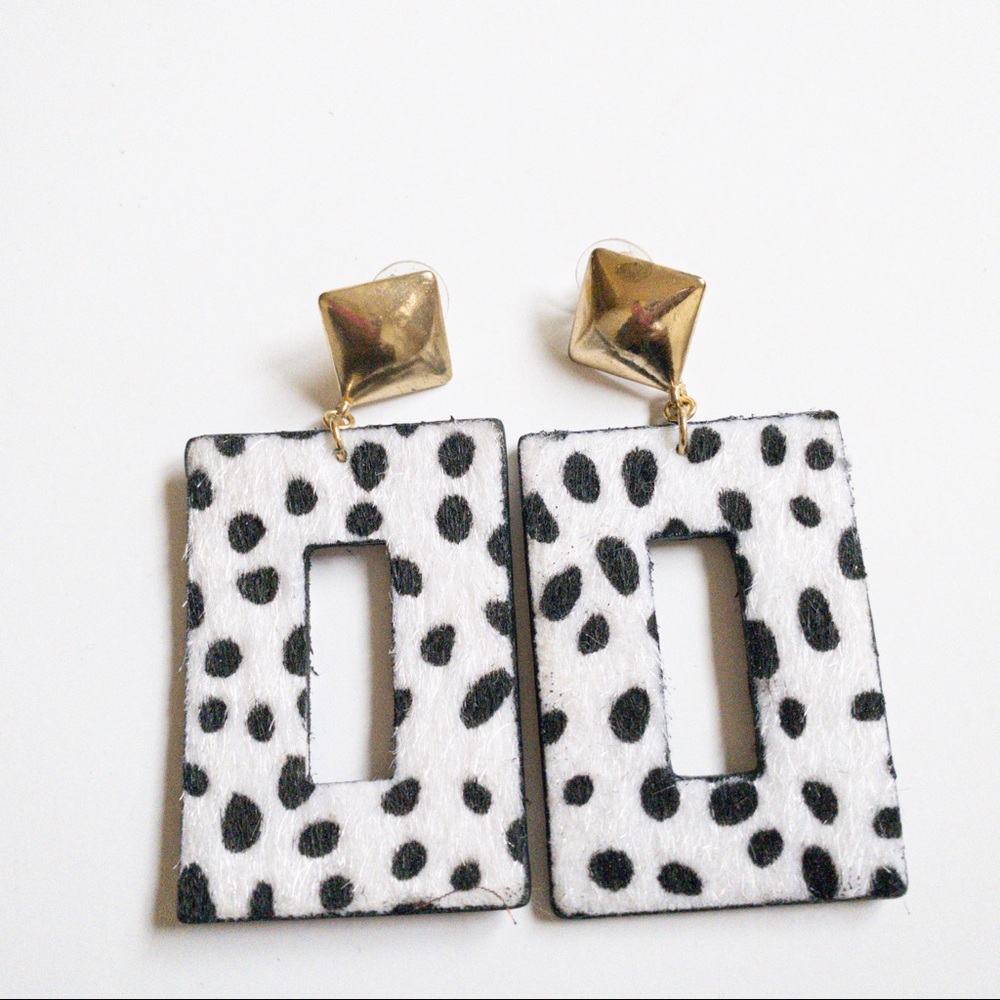 fab’rik Women’s White Black Dalmatian Rectangular Drop Earrings